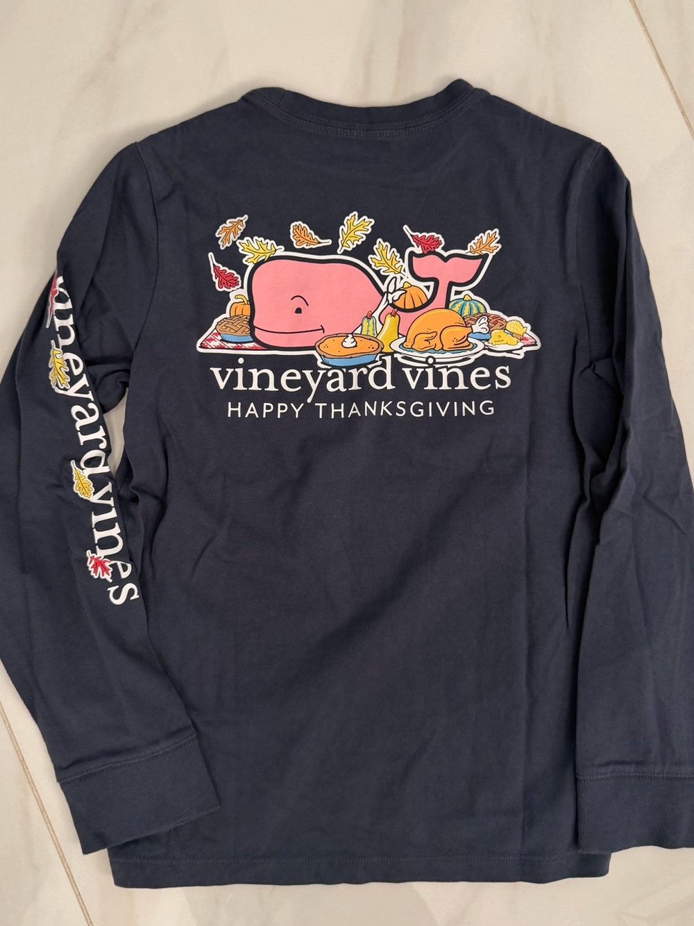 Vineyard Vines Navy Long Sleeve Tee with Pink Whale Thanksgiving Graphic